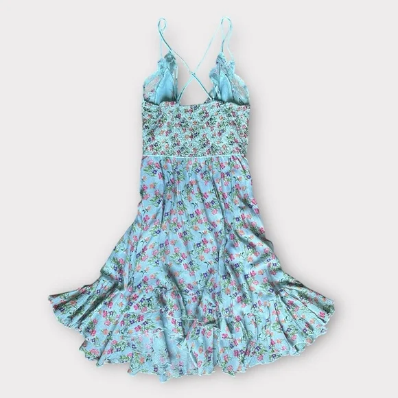 Free People One Adella Asymmetrical Slip Lace Ruffle Flowy Dress in Blue sz Med - Picture 7 of 12